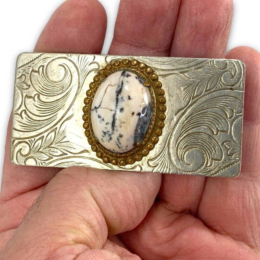White Buffalo Vintage Belt Buckle Nickel Silver Filigree Western Cabochon - Picture 3 of 9